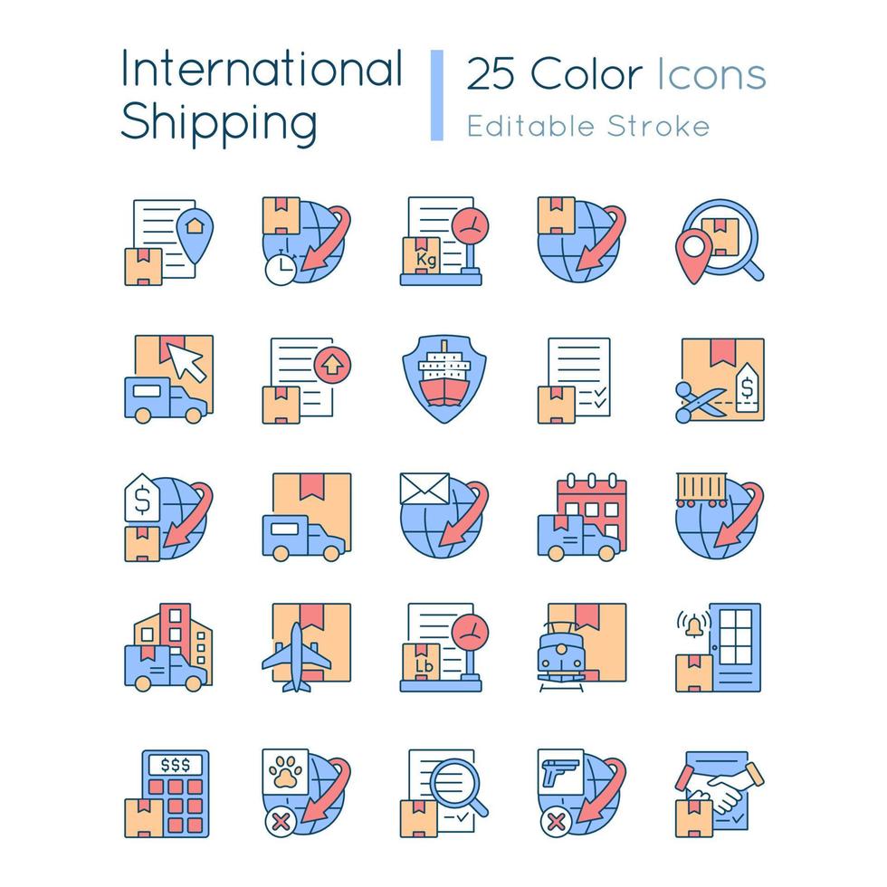 International shipping business RGB color icons set. Worldwide delivering of cargoes, parcels and mail. Isolated vector illustrations. Simple filled line drawings collection. Editable stroke