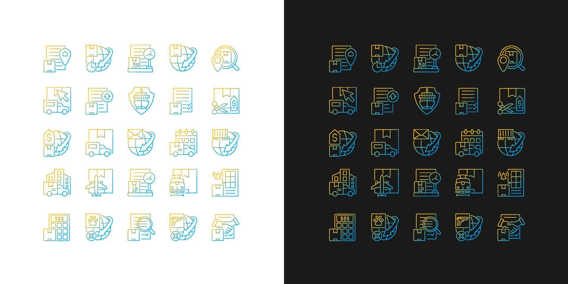 International shipping gradient icons set for dark and light mode. Worldwide cargo delivering. Thin line contour symbols bundle. Isolated vector outline illustrations collection on black and white