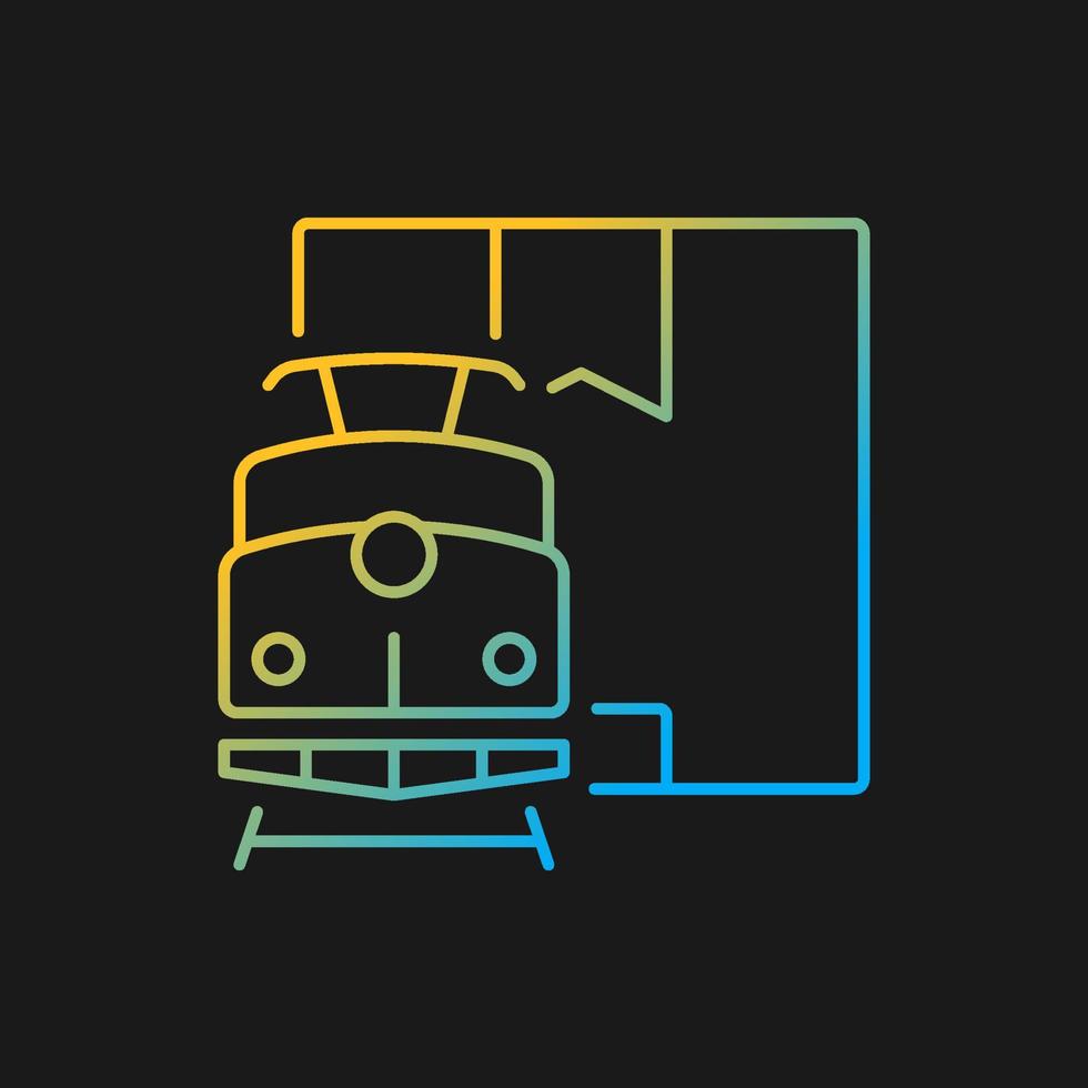 Worldwide rail cargo shipping gradient vector icon for dark theme. Delivery by railway. Train transporting cargo. Thin line color symbol. Modern style pictogram. Vector isolated outline drawing
