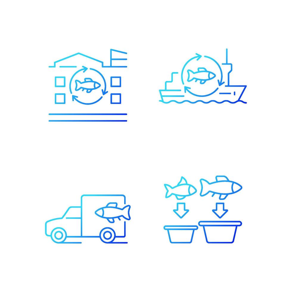 Fish processing and transportation gradient linear vector icons set. Seafood product manufacturing. Fish processing vessel. Thin line contour symbols bundle. Isolated outline illustrations collection