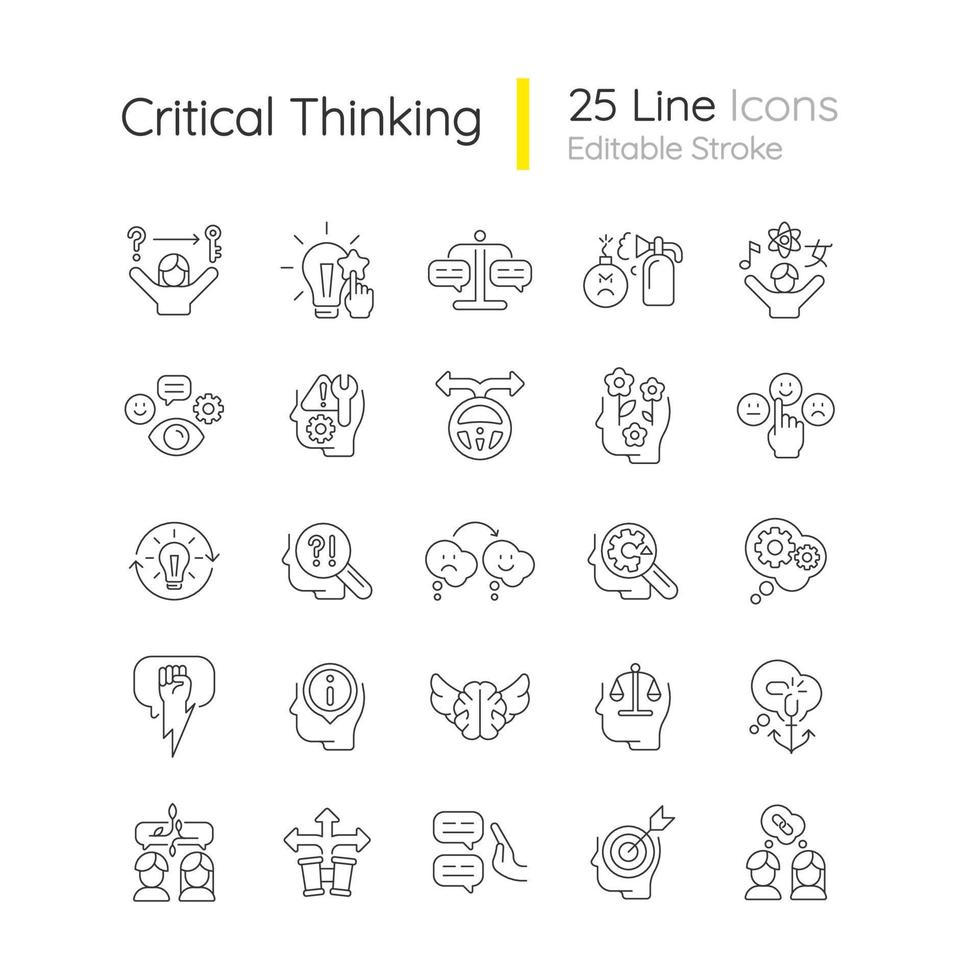 Critical thinking linear icons set. Intellectual skills. Evaluation, observation. Communication skills. Customizable thin line contour symbols. Isolated vector outline illustrations. Editable stroke