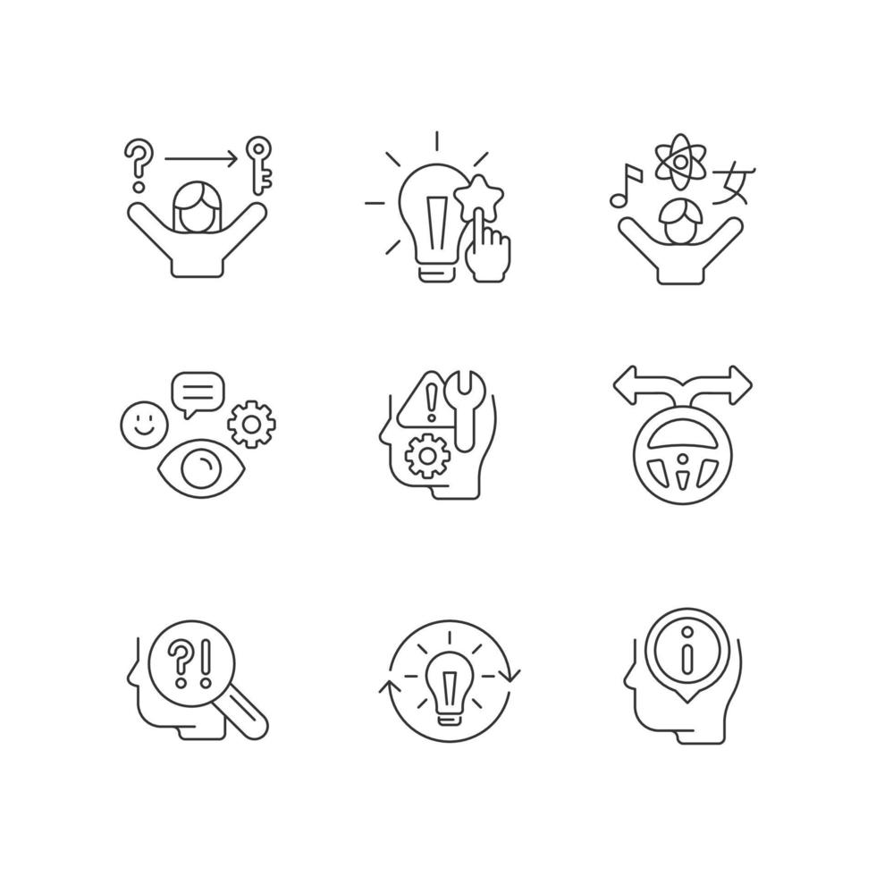 Self development skills linear icons set. Self monitoring. Critical thinking skills and abilities. Customizable thin line contour symbols. Isolated vector outline illustrations. Editable stroke