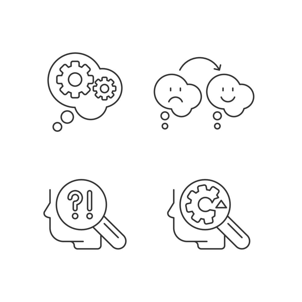 Recognize weaknesses linear icons set. Reasoning and changing opinion. Self monitoring, development. Customizable thin line contour symbols. Isolated vector outline illustrations. Editable stroke