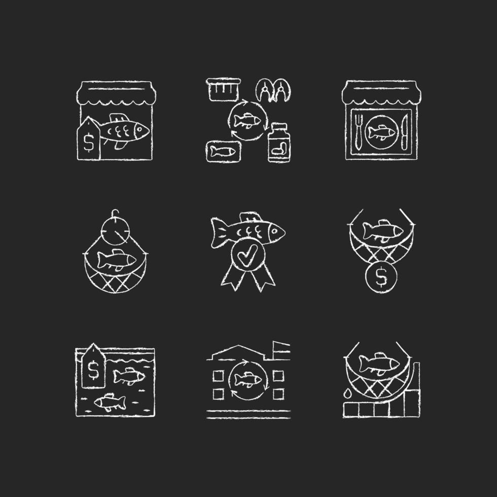 Commercial fishery chalk white icons set on dark background. Seafood restaurant and market. Processing factory. Quality control. Fish industry. Isolated vector chalkboard illustrations on black
