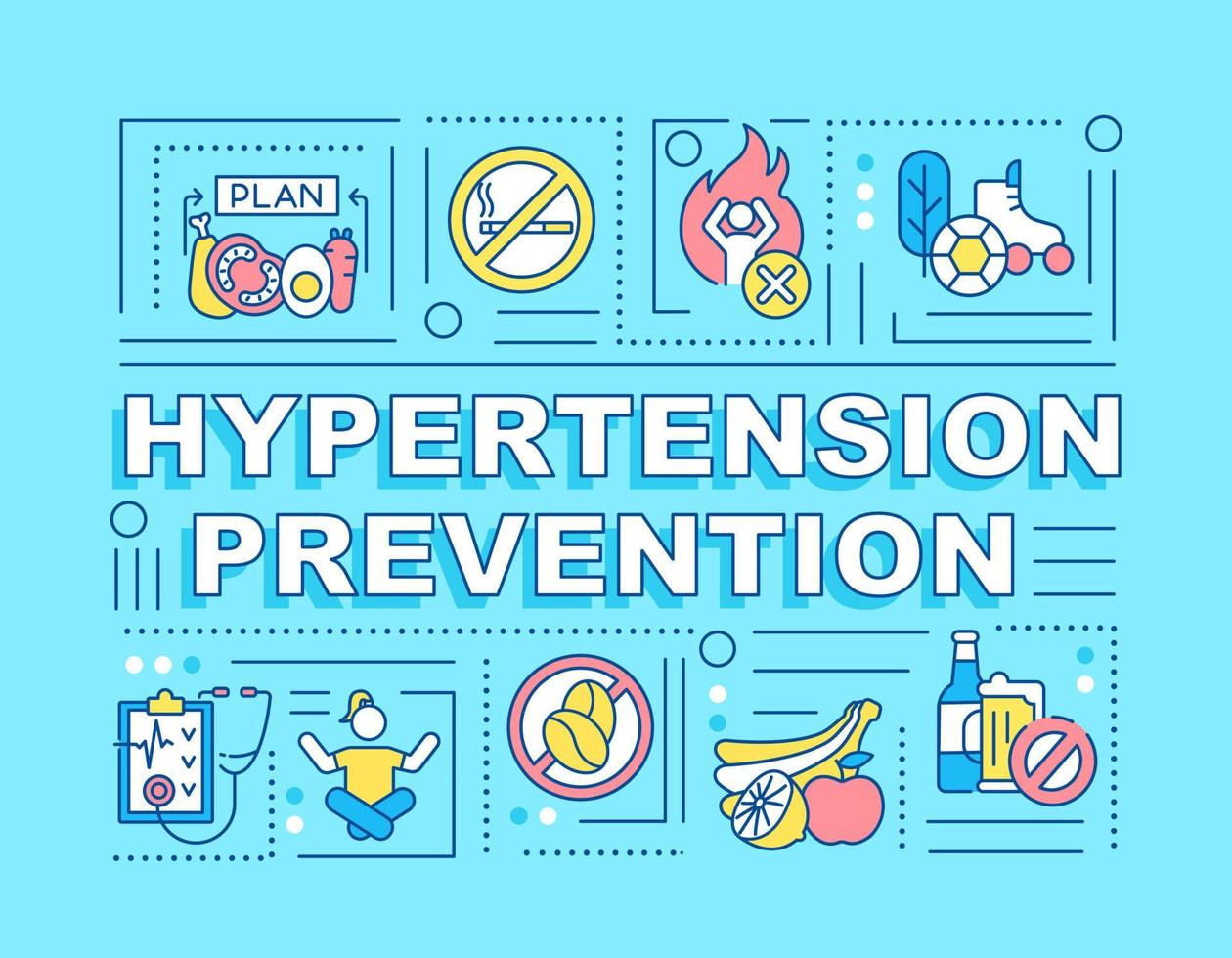 banner de conceptos de palabras de prevención de hipertensión. cambios en el estilo de vida. infografías con iconos lineales sobre fondo turquesa. tipografía creativa aislada. ilustración de color de contorno vectorial con texto vector