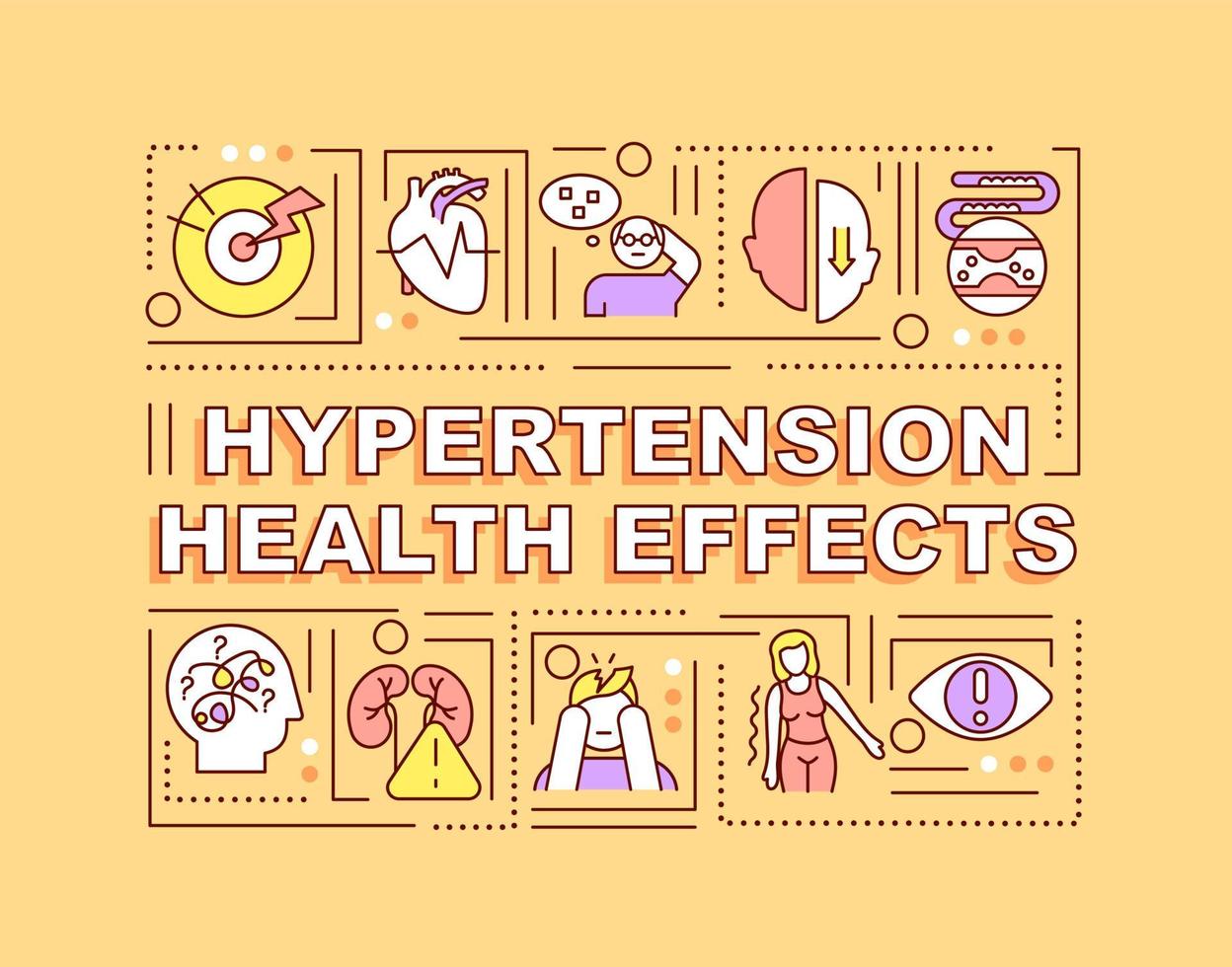 Hypertension health effects word concepts banner. Health complications. Infographics with linear icons on orange background. Isolated creative typography. Vector outline color illustration with text