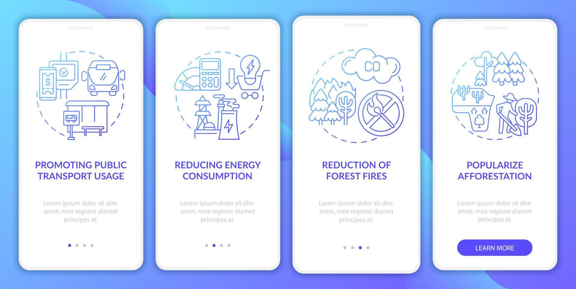 Green initiatives onboarding mobile app page screen. Forest fires reduction walkthrough 4 steps graphic instructions with concepts. UI, UX, GUI vector template with linear color illustrations