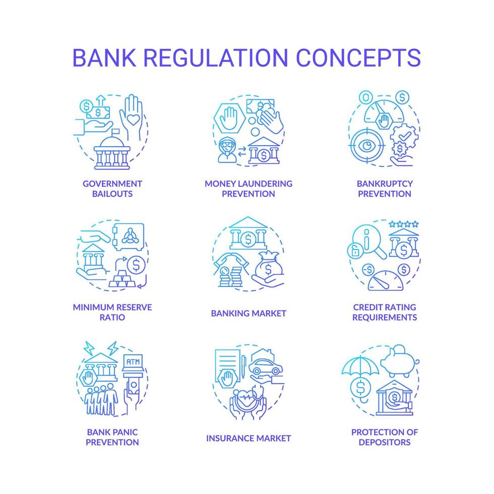 conjunto de iconos de concepto de supervisión bancaria. Medidas preventivas de lavado de dinero. rescates gubernamentales. ideas de mercado bancario ilustraciones en color de línea delgada. dibujos de contorno aislados vectoriales vector