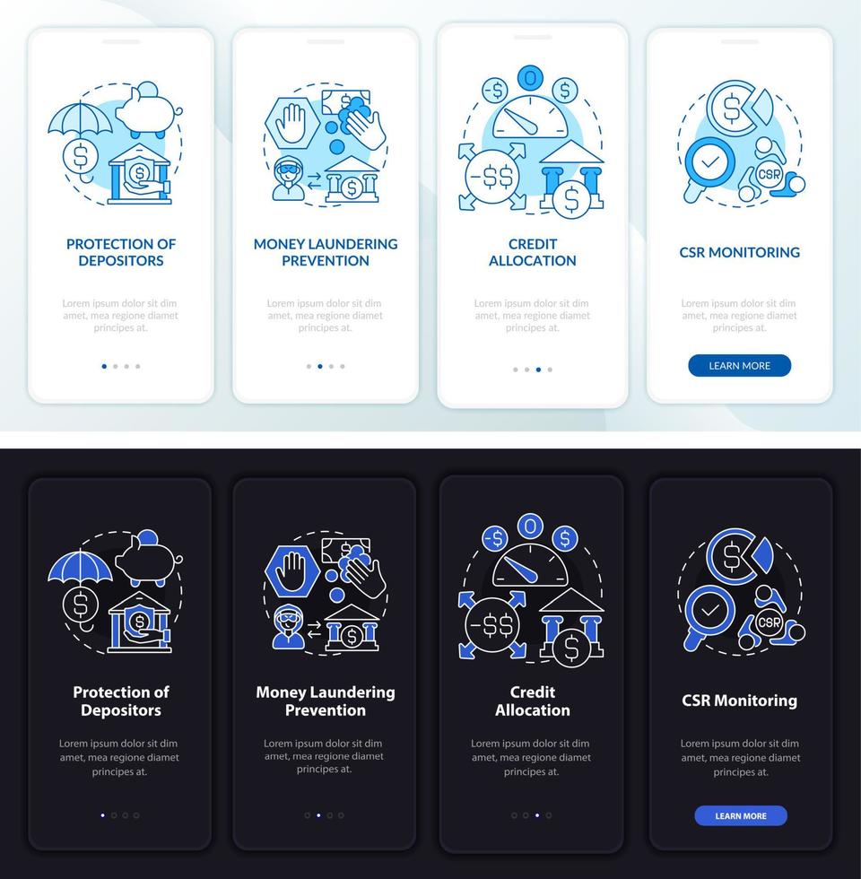 Bank regulation onboarding mobile app page screen. CSR monitoring walkthrough 4 steps graphic instructions with concepts. UI, UX, GUI vector template with linear night and day mode illustrations