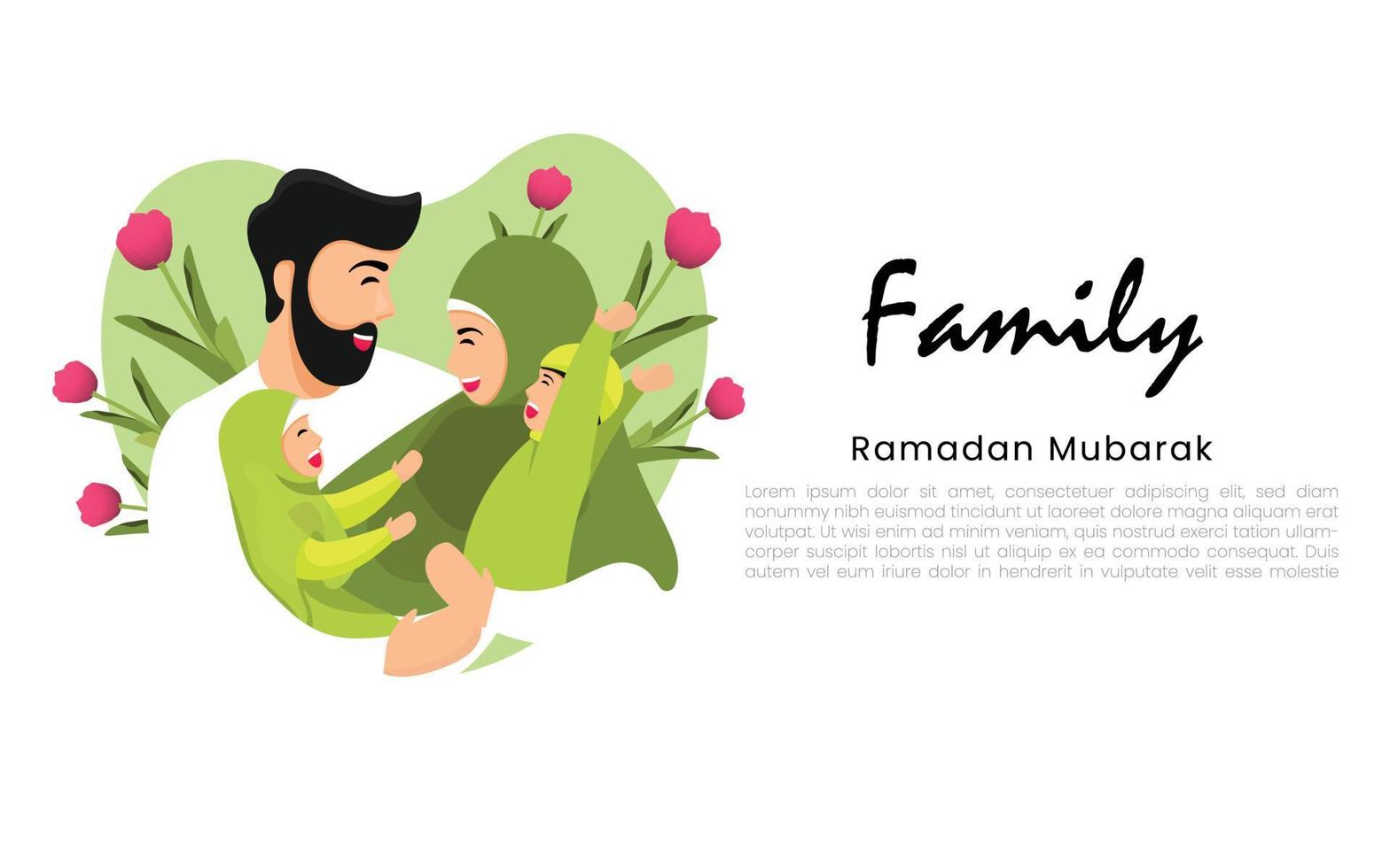 Flat Illustration - a Family Moment, a Father with his Two Children Joking on a Green Background, this Image Can Be Used for Poster Prints, Flyers, Posts, Ramadan, and Family Theme Designs. vector