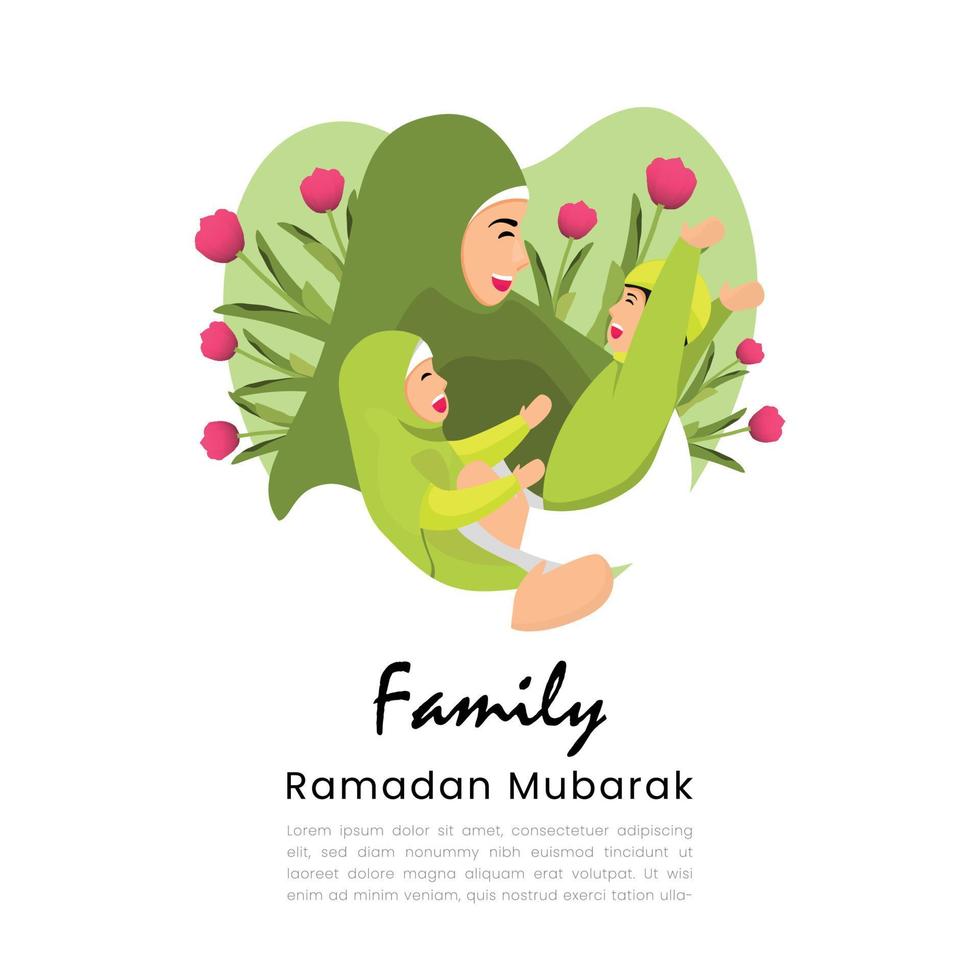 Flat Illustration - a Family Moment, a Mother with his Two Children Joking on a Green Background, this Image Can Be Used for Poster Prints, Flyers, Posts, Ramadan, and Family Theme Designs. vector