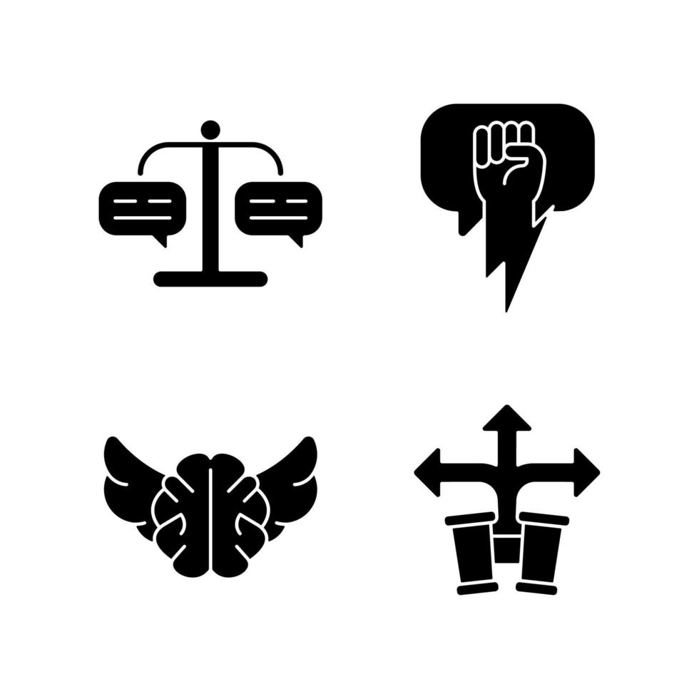 Argumentation skills black glyph icons set on white space. Forming judgement. Use solid and strong arguments. Develop foresight. Critical thinking. Silhouette symbols. Vector isolated illustration