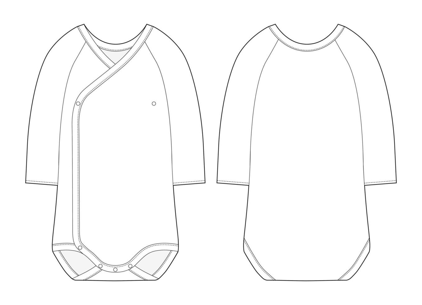 mono con escote cruzado y manga larga. ropa de cuerpo de bebé maqueta. boceto técnico del mameluco infantil. vector