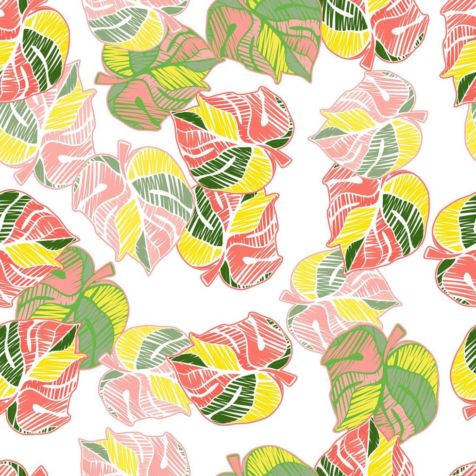 Hand drawn embroidery monstera leaves tropical seamless pattern. Palm leaf endless wallpaper. vector