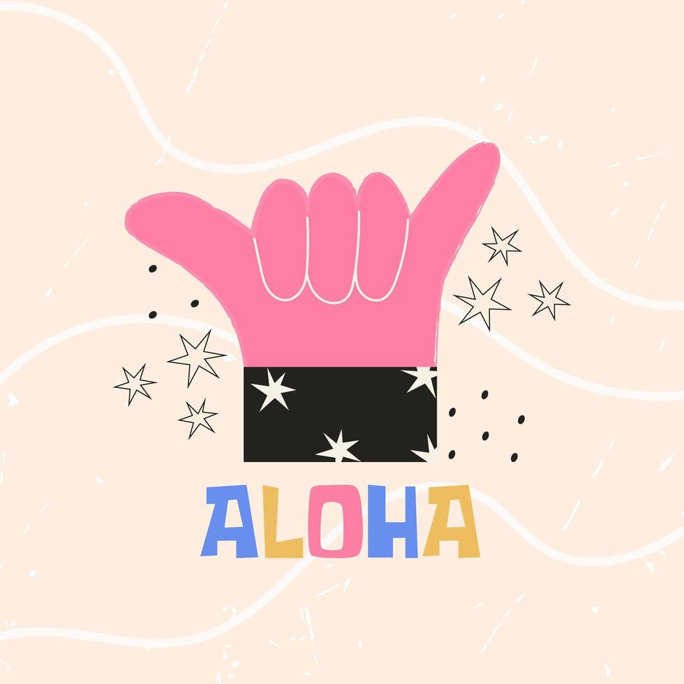 gesto de signo de mano shaka con texto aloha. ilustración plana de vector colorido para pegatina, estampado de camiseta, póster