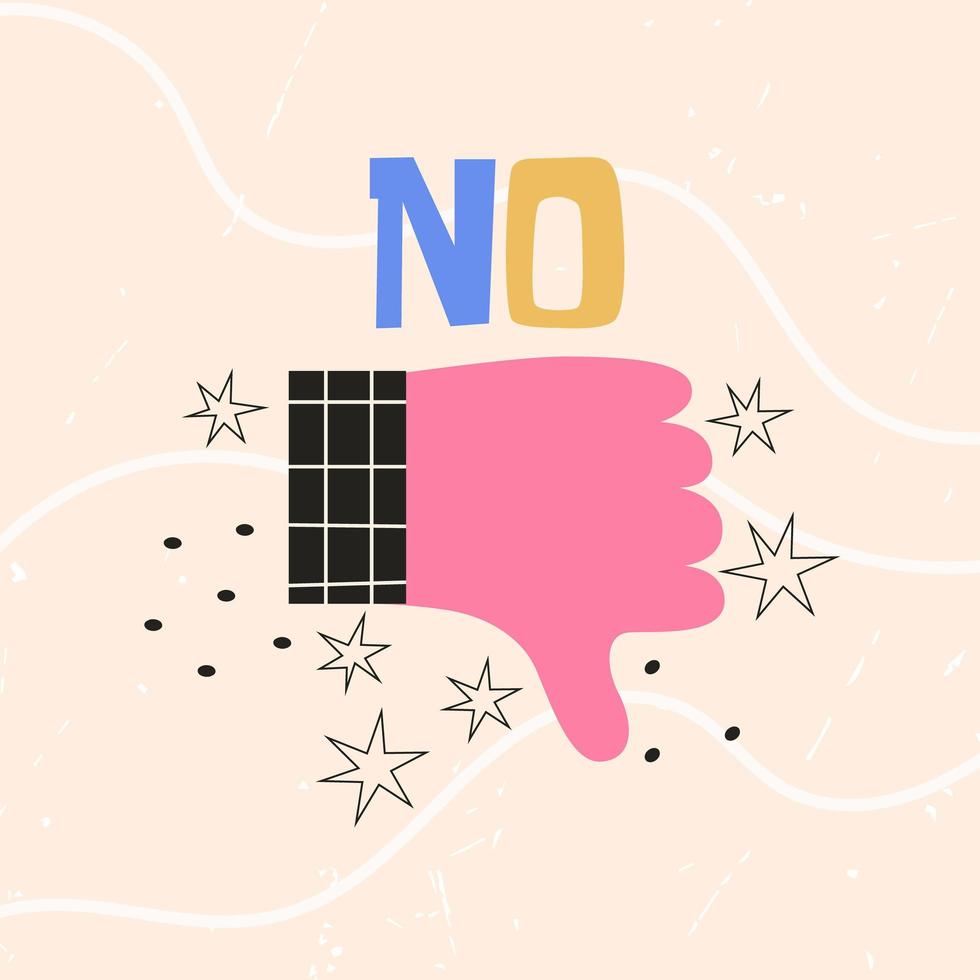 Thumb down dislike hand sign gesture with No text. Colorful vector flat illustration for sticker, t-shirt print, poster