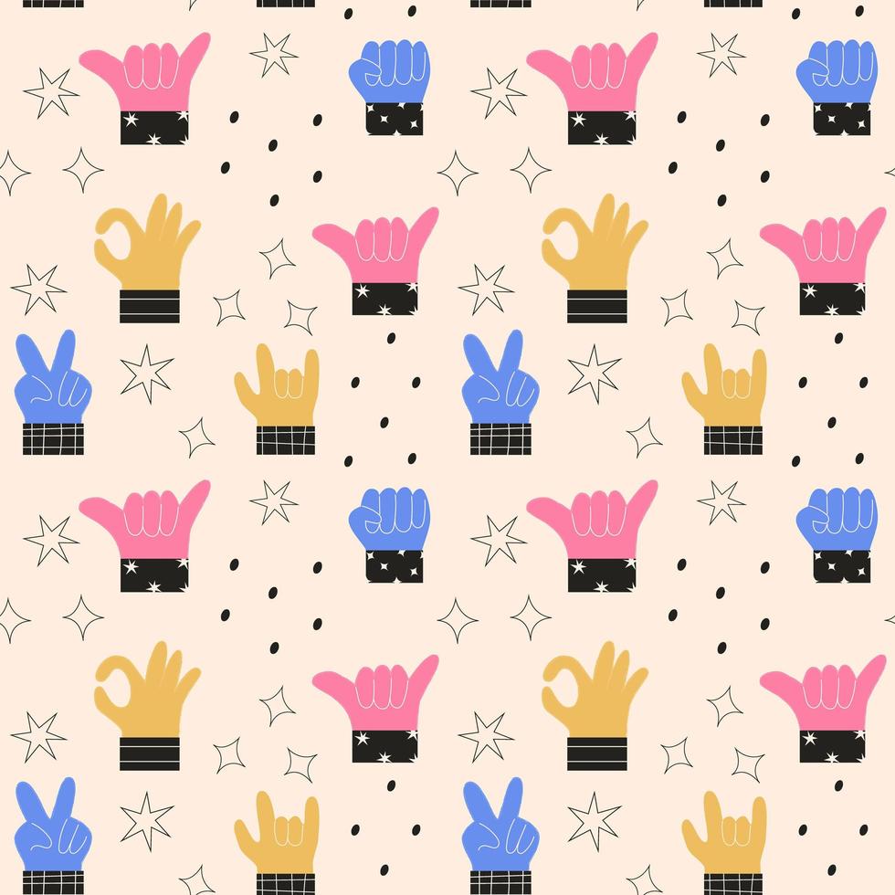 Seamless pattern of colorful abstract hands in different gestures emotions and signs. Modern vector illustration in trendy colors. Interactive communication, forefinger sign