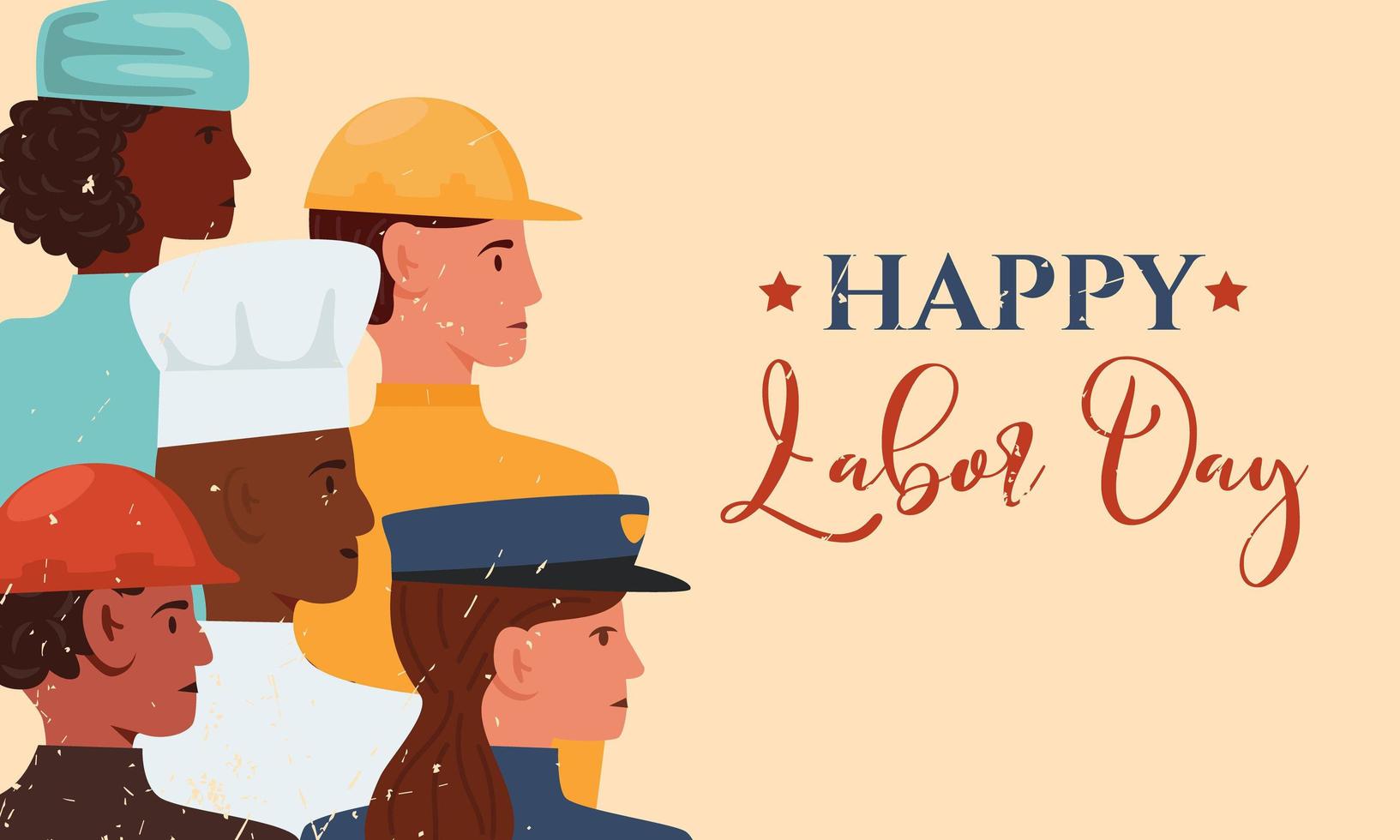 Happy Labor Day vector flat banner. Illustration with people group of different occupation. Firefighter, builder, doctor, policeman and cook chef professions