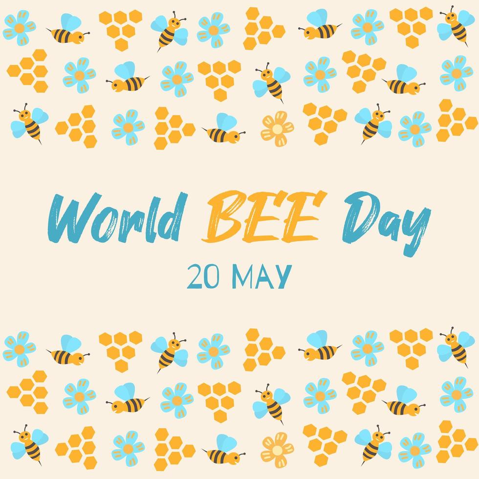 World Bee Day colorful border. Banner or greeting card with cute honey bees. Eco friendly animal protection holiday event background. Vector illustration