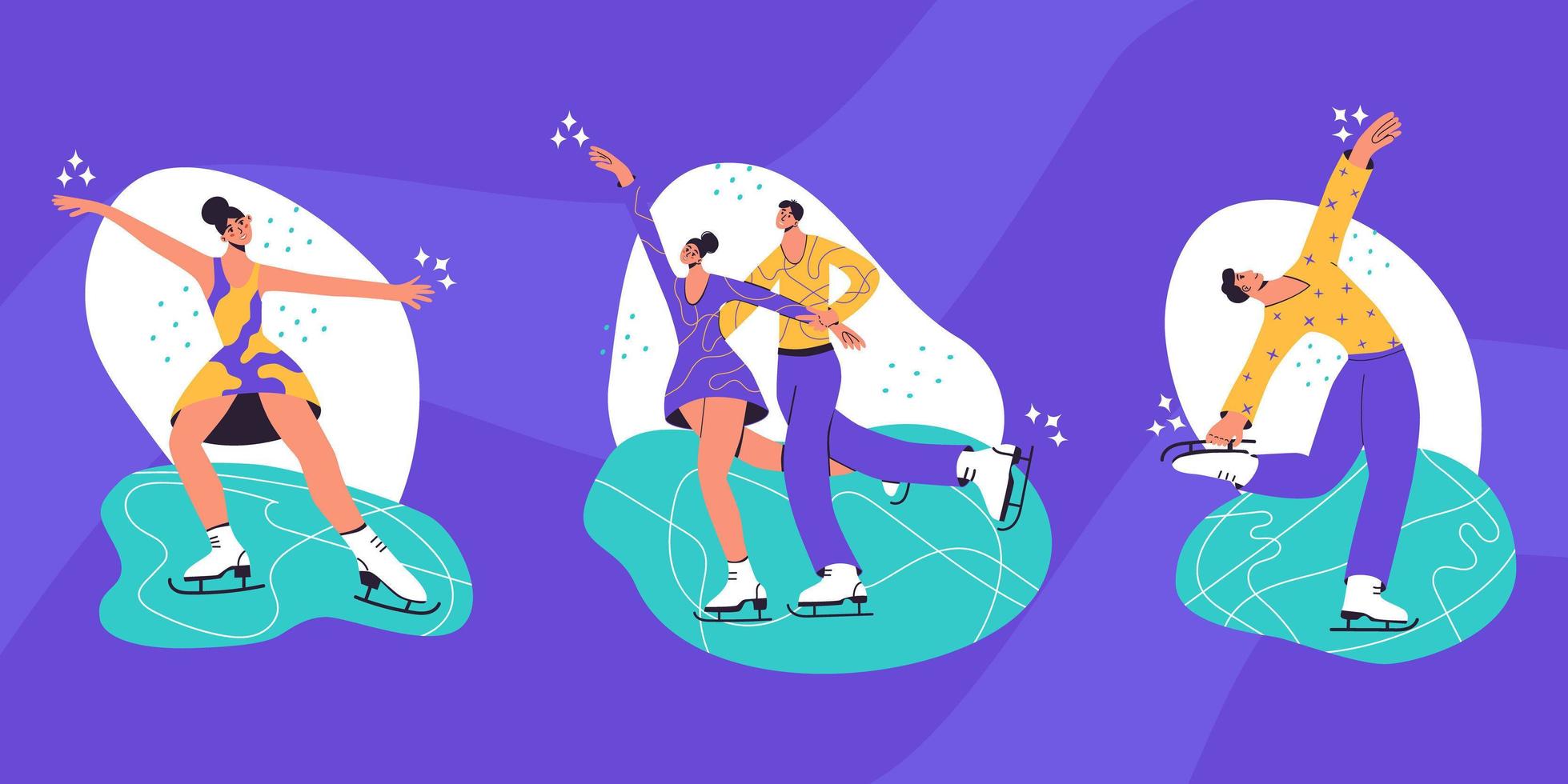 Set with figure skaters isolated cartoon flat vector illustration in trendy colors. Winter sport, ice dancer, gymnast woman, championship, competition activity modern design element