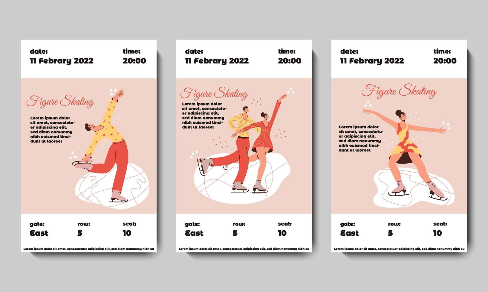 juego con 3 boletos de patinaje artístico con patinadores de pareja, hombres y mujeres. ilustración de vector plano en colores de moda. deporte de invierno, bailarina de hielo, campeonato, actividad de competencia plantilla de diseño moderno