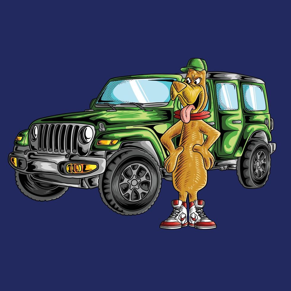 Dog funny cartoon character design with car vector