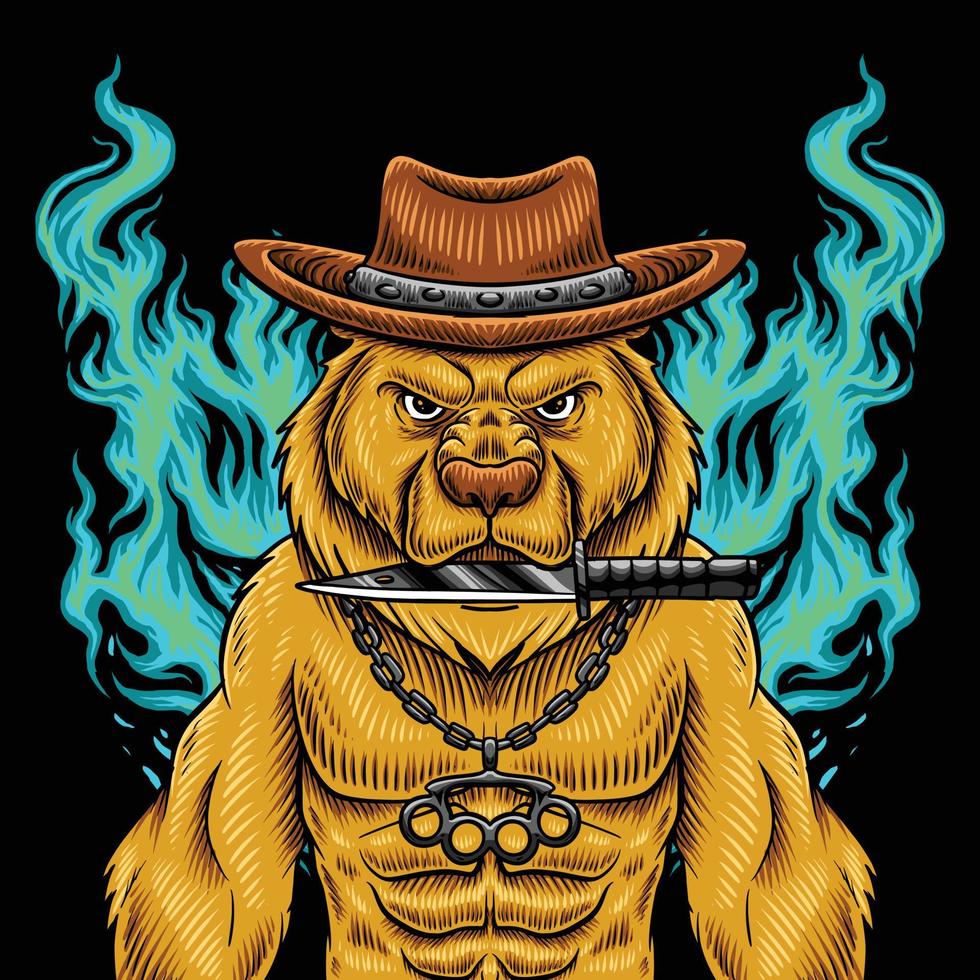 Bear with cowboy hat and knife vector