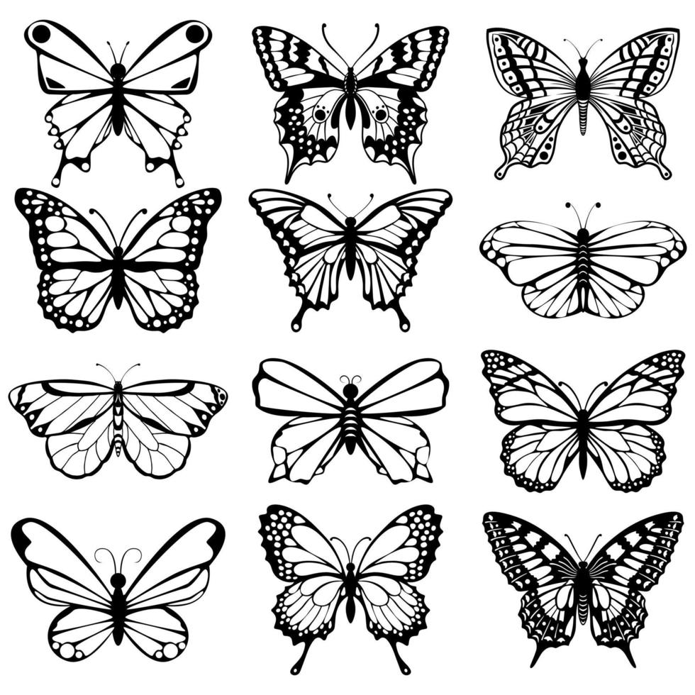 colección de mariposas en blanco y negro vector