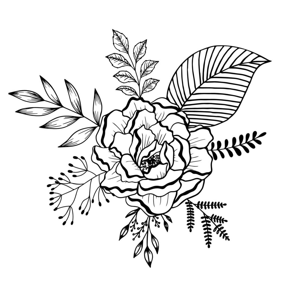 Composition of a flower and various leaves. Monochrome linear drawing. vector