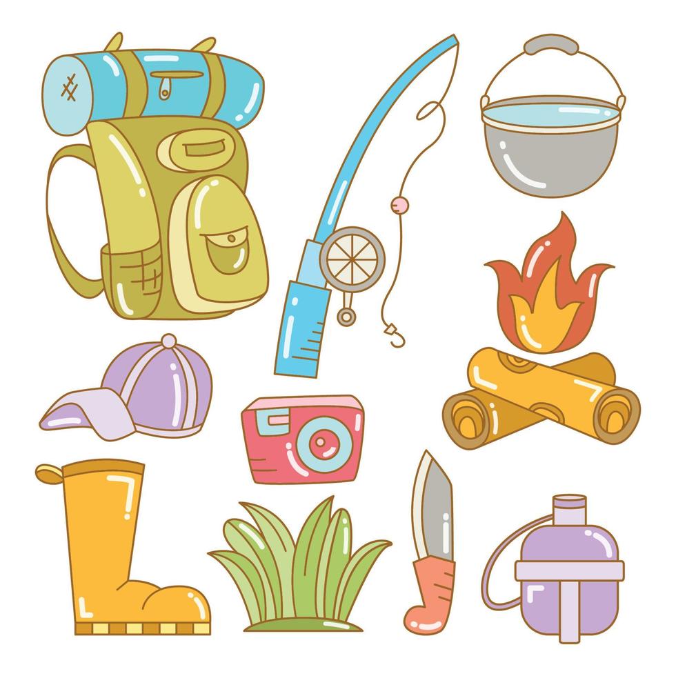 camping, hiking equipment color illustration vector