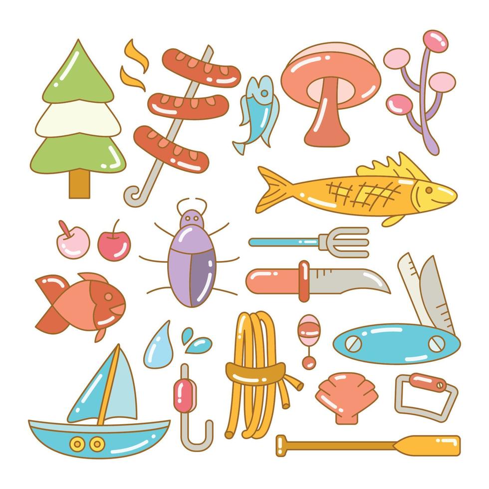 camping and fishing equipment color illustration vector