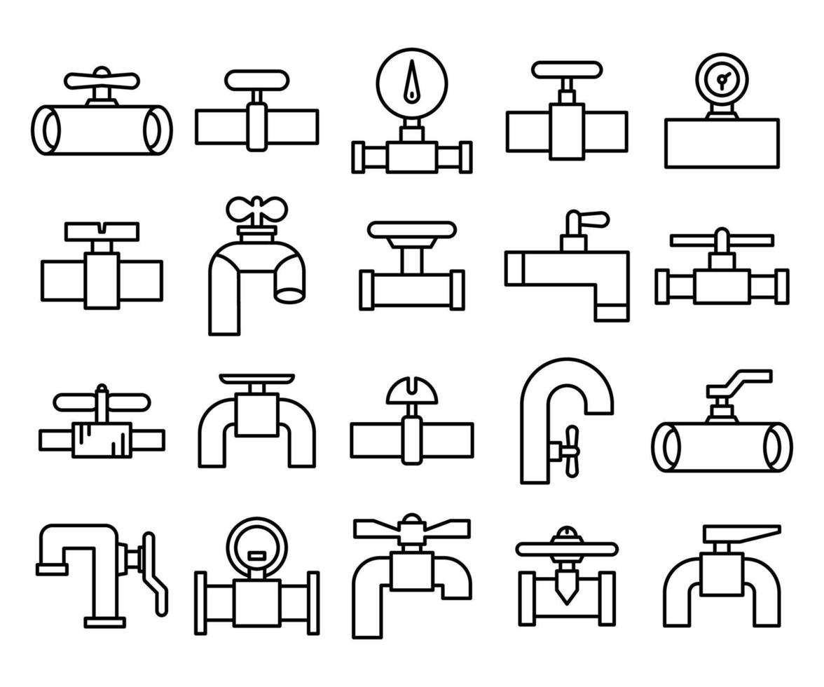 valve, water tap, faucet and gauge icons vector