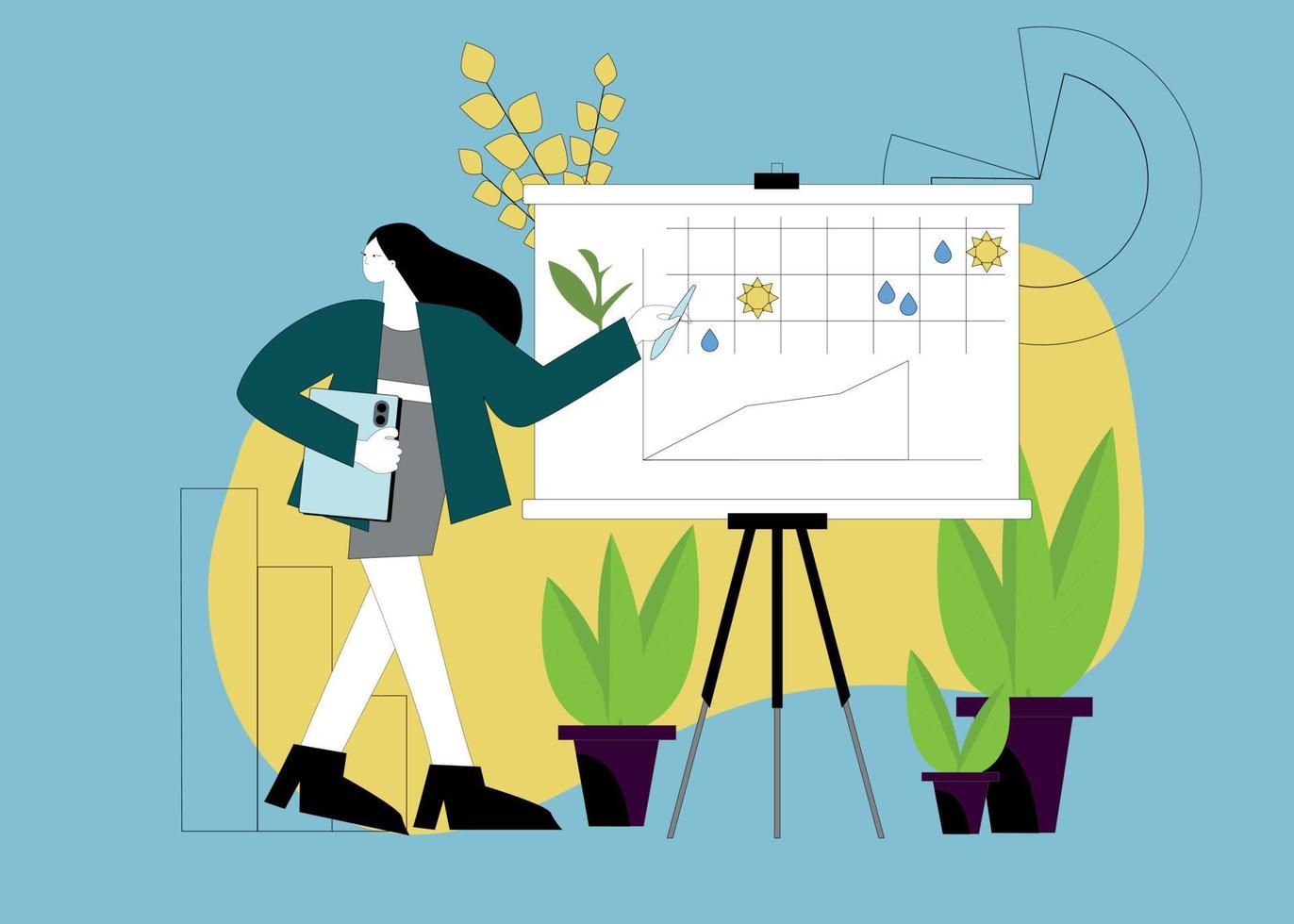 The illustration is from a set about protecting nature on the planet. The girl shows the graph. Environmental theme for the presentation vector