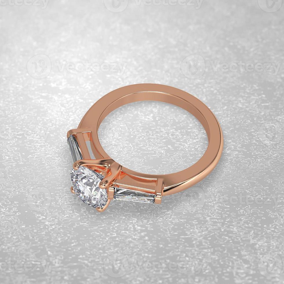 3 stone engagement ring laying down position in rose gold 3D render photo