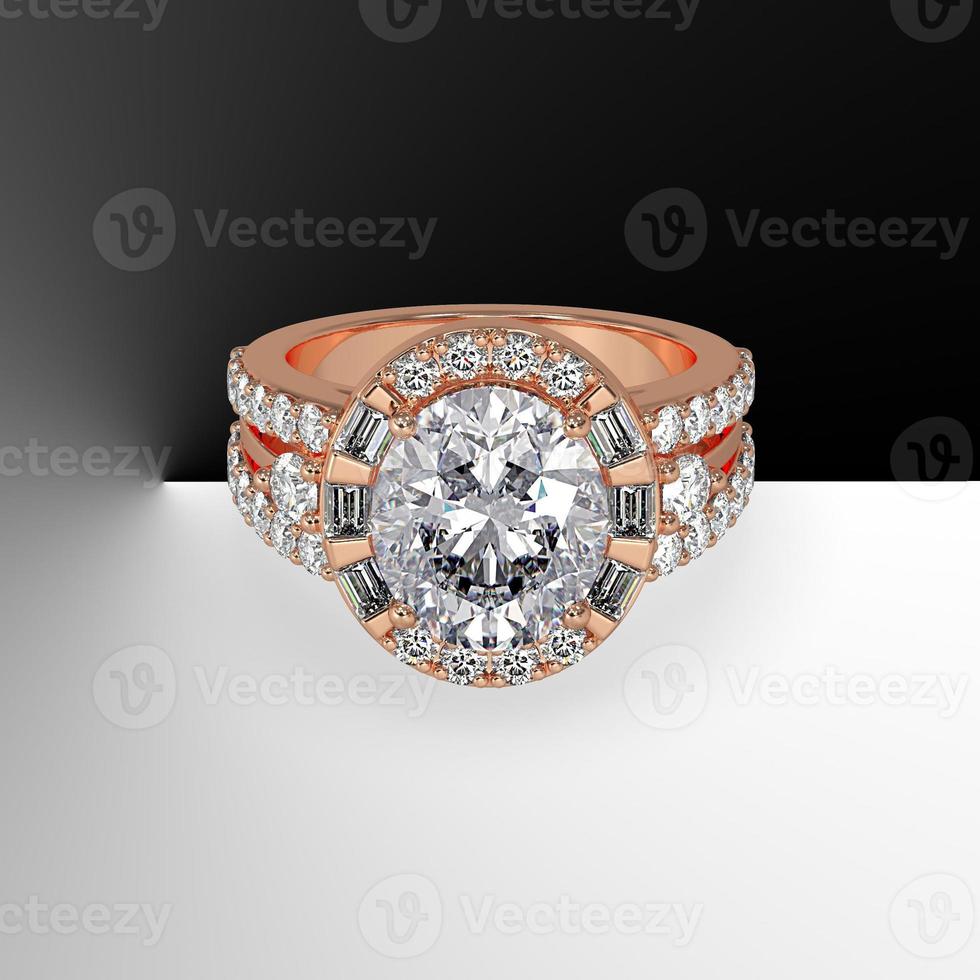rose gold halo engagement ring with oval center stone and side diamonds on split shank 3d render photo