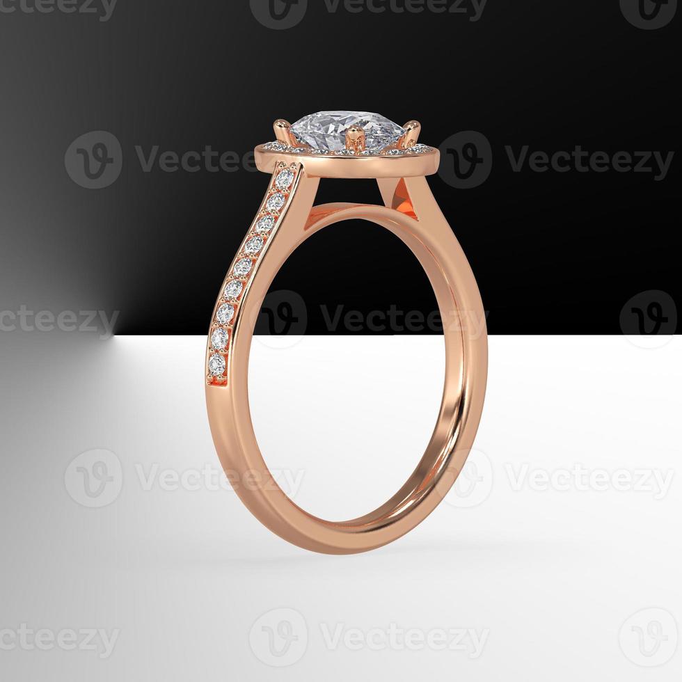 oval diamond pave set halo with side pave set gems in rose gold 3d render photo