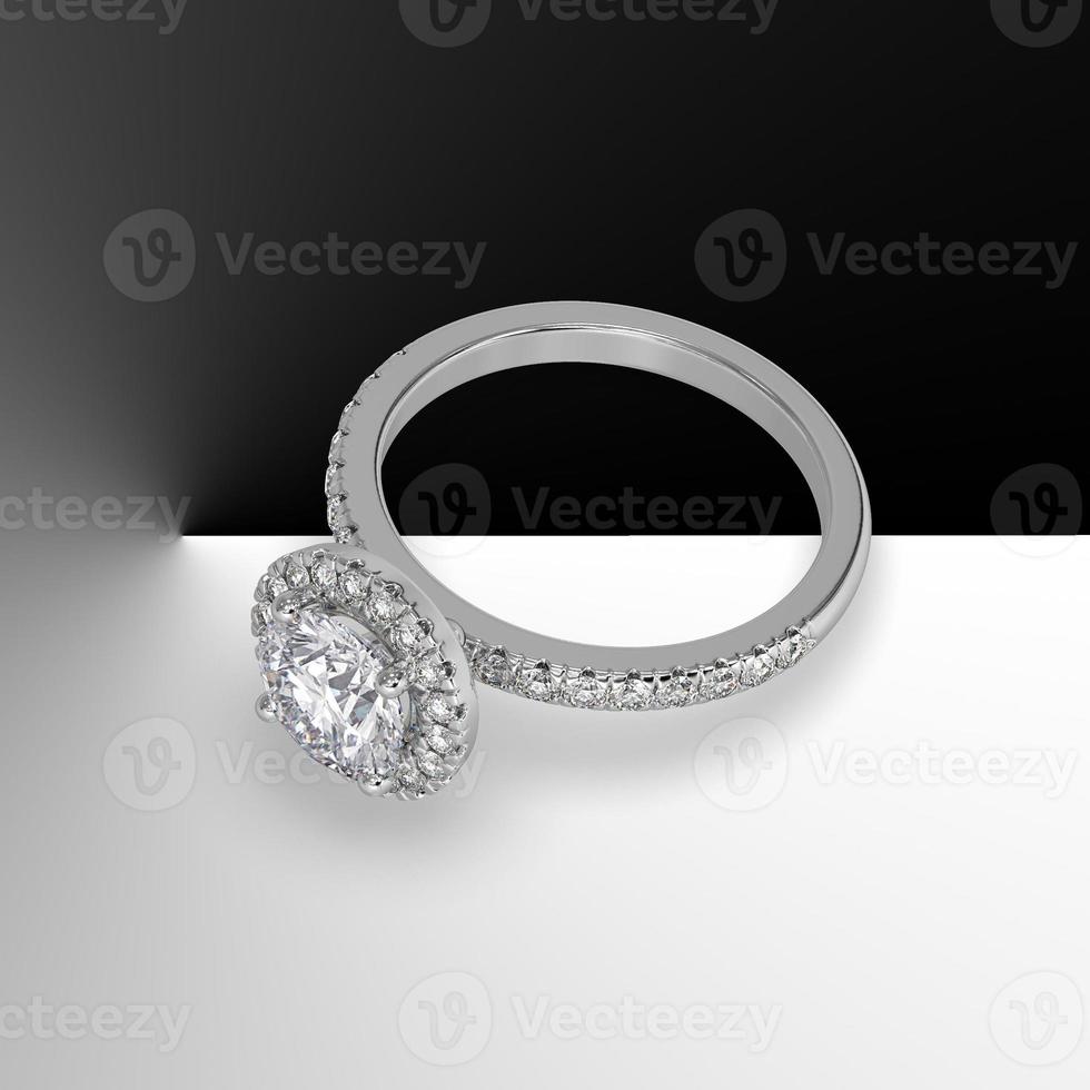 white gold halo engagement ring with round center stone and side stones on shank 3d render photo