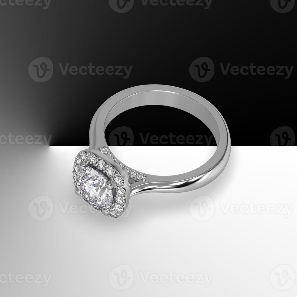 white gold halo engagement ring with round center stone and plain shank cathedral style 3d render photo