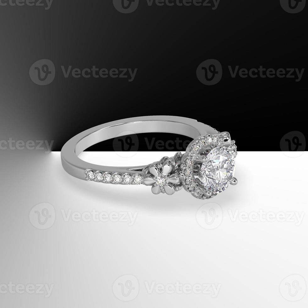 white gold halo engagement ring with round center stone and beautiful filigree work 3d render photo