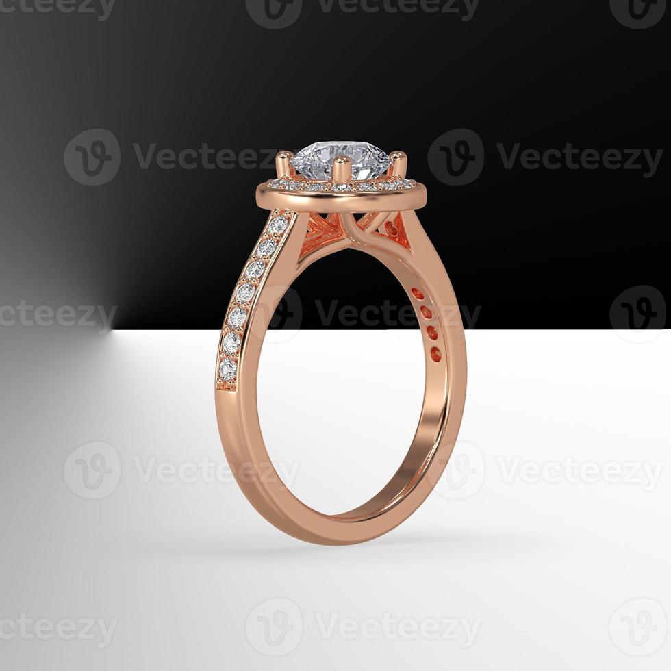 round diamond pave set halo with side pave set gems cathedral shank in rose gold 3d render photo