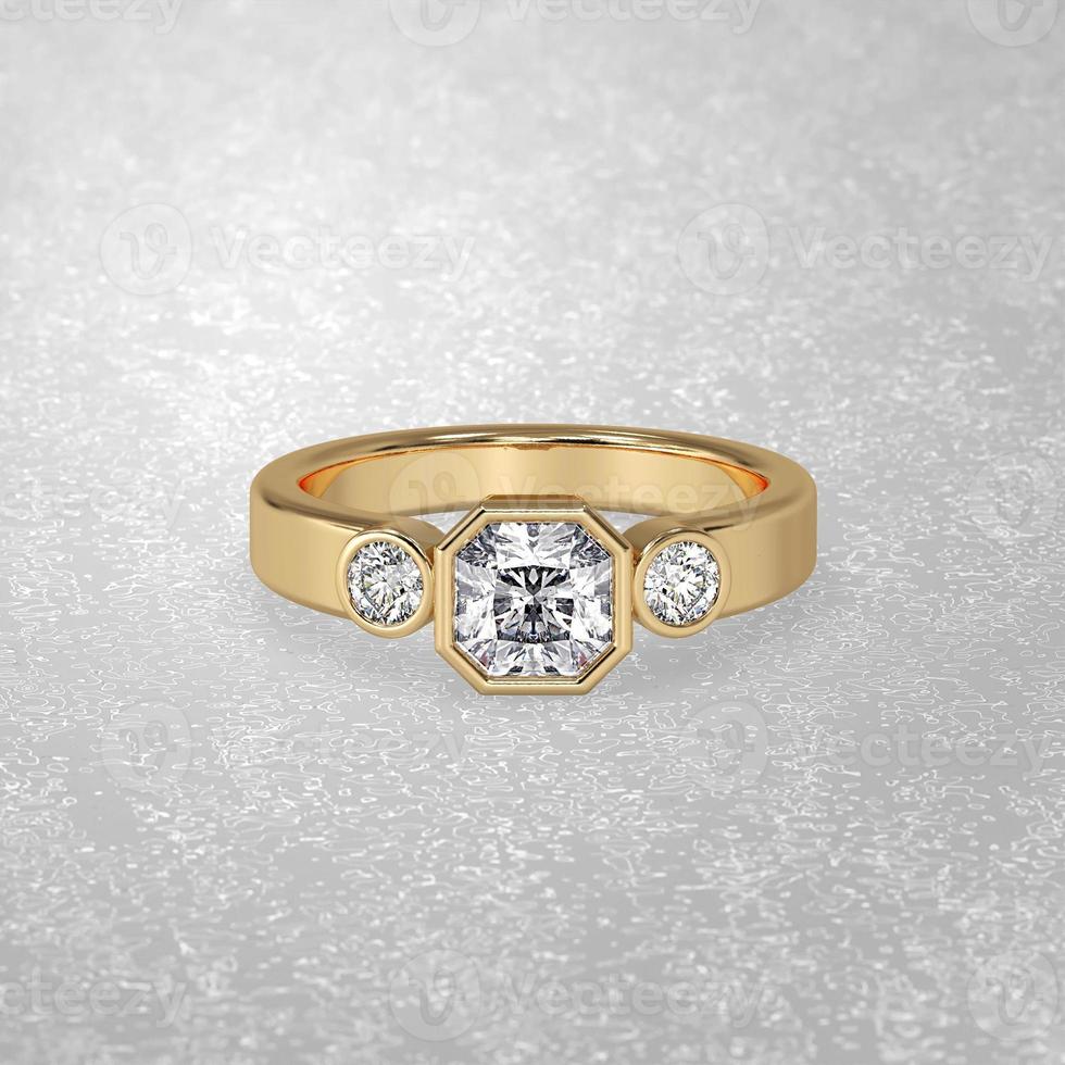 anillo de compromiso de tres piedras en posición de colocación en metal dorado 3d renderizado foto