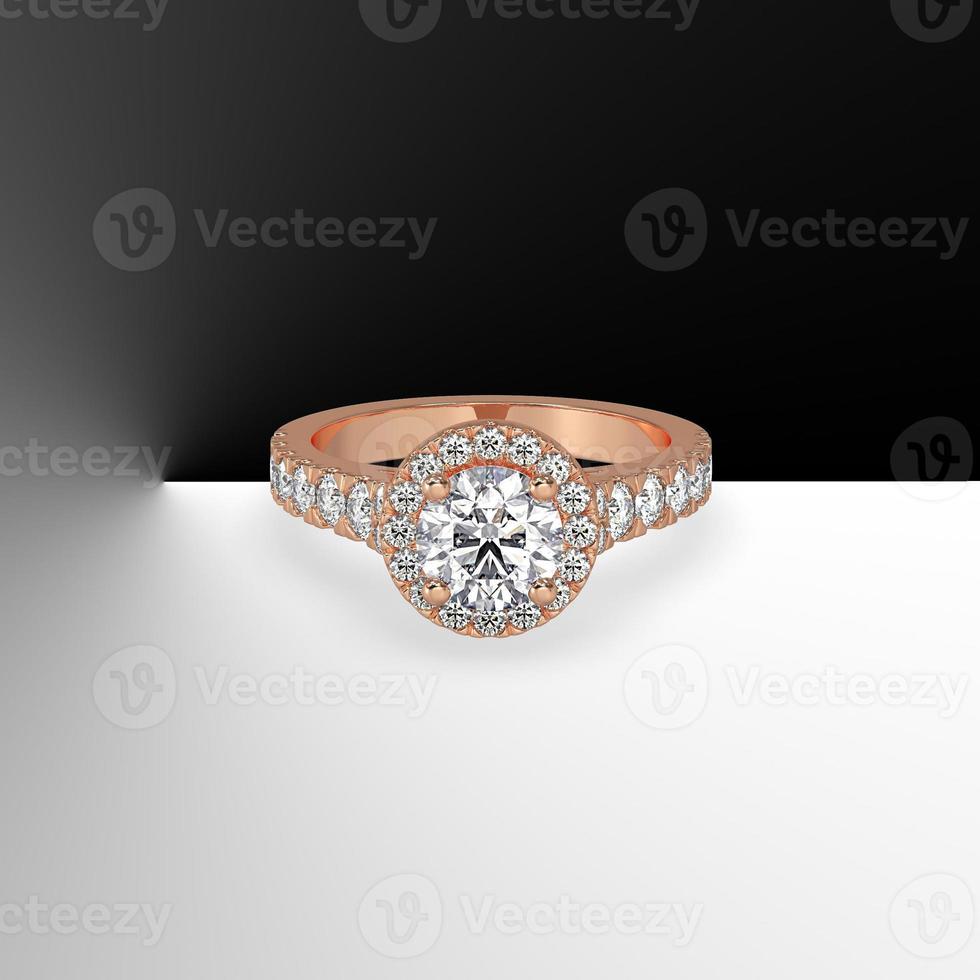 gold halo engagement ring with round center stone and side diamonds on shank 3d render photo