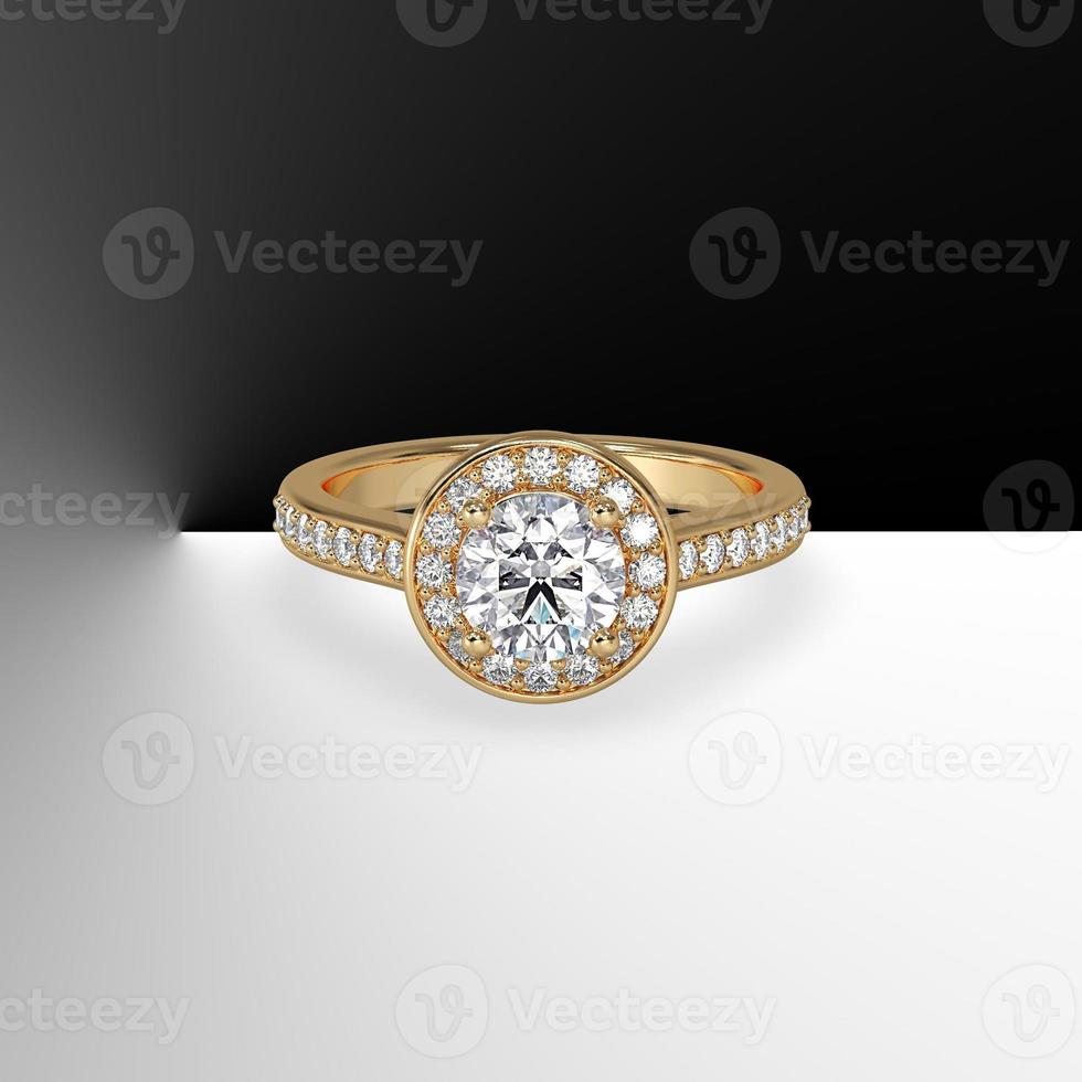round diamond pave set halo with side pave set gems cathedral shank in yellow gold 3d render photo