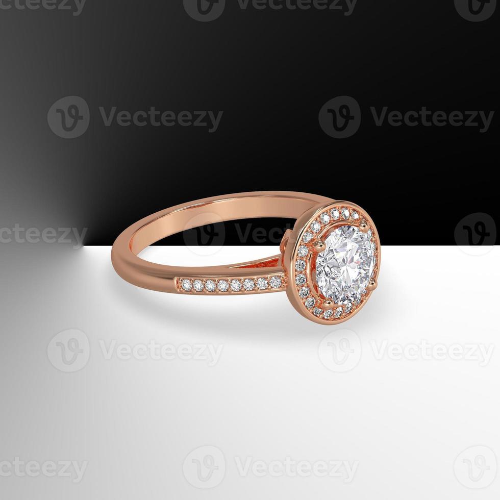 round diamond pave set halo with side pave set gems cathedral shank in rose gold 3d render photo