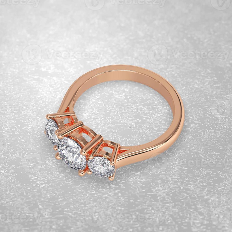 3 stone engagement ring laying down position in rose gold 3D render photo