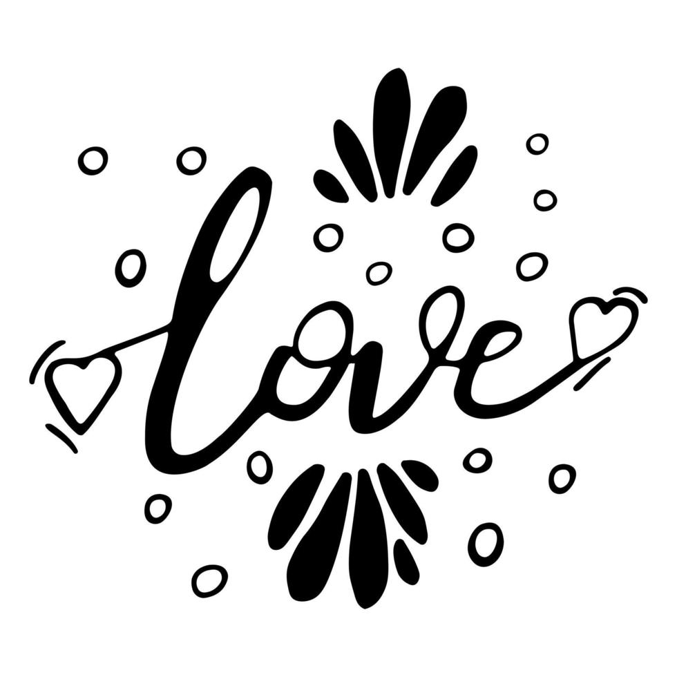 amor, ilustración de vector de letras para cartel, tarjeta, banner día de san valentín, boda. palabra dibujada a mano - amor con corazones de garabato.