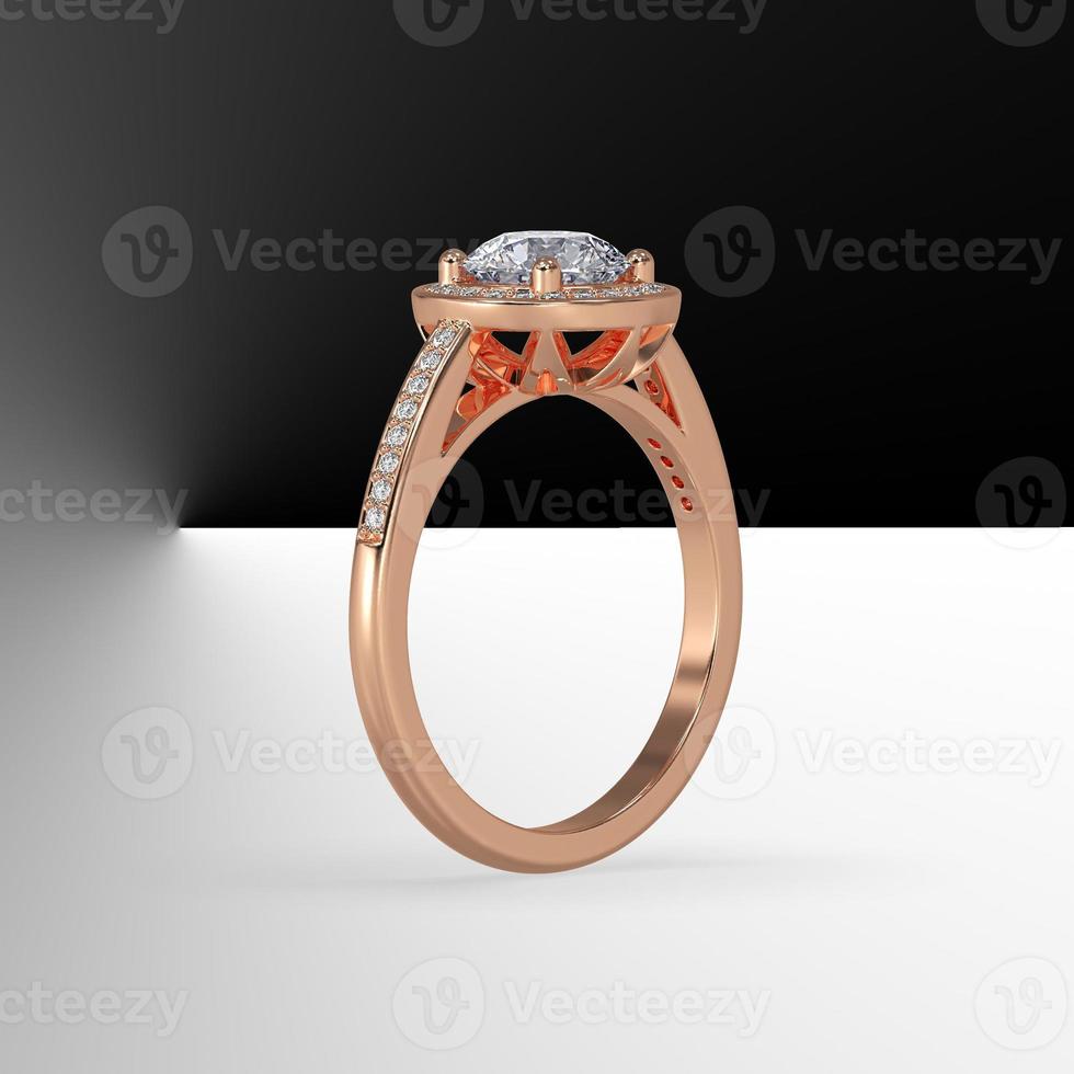 round diamond pave set halo with side pave set gems cathedral shank in rose gold 3d render photo