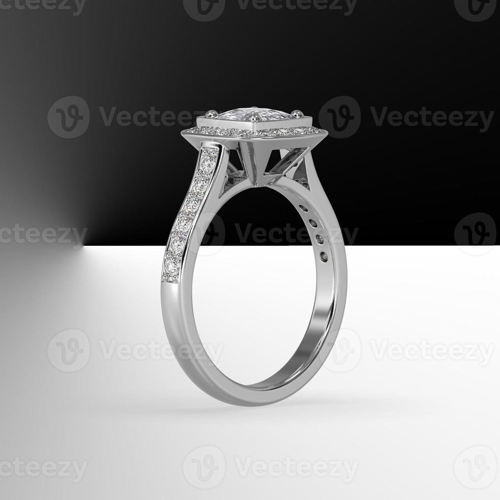 cushion cut center diamond with cathedral shank pave set stones 3d render photo