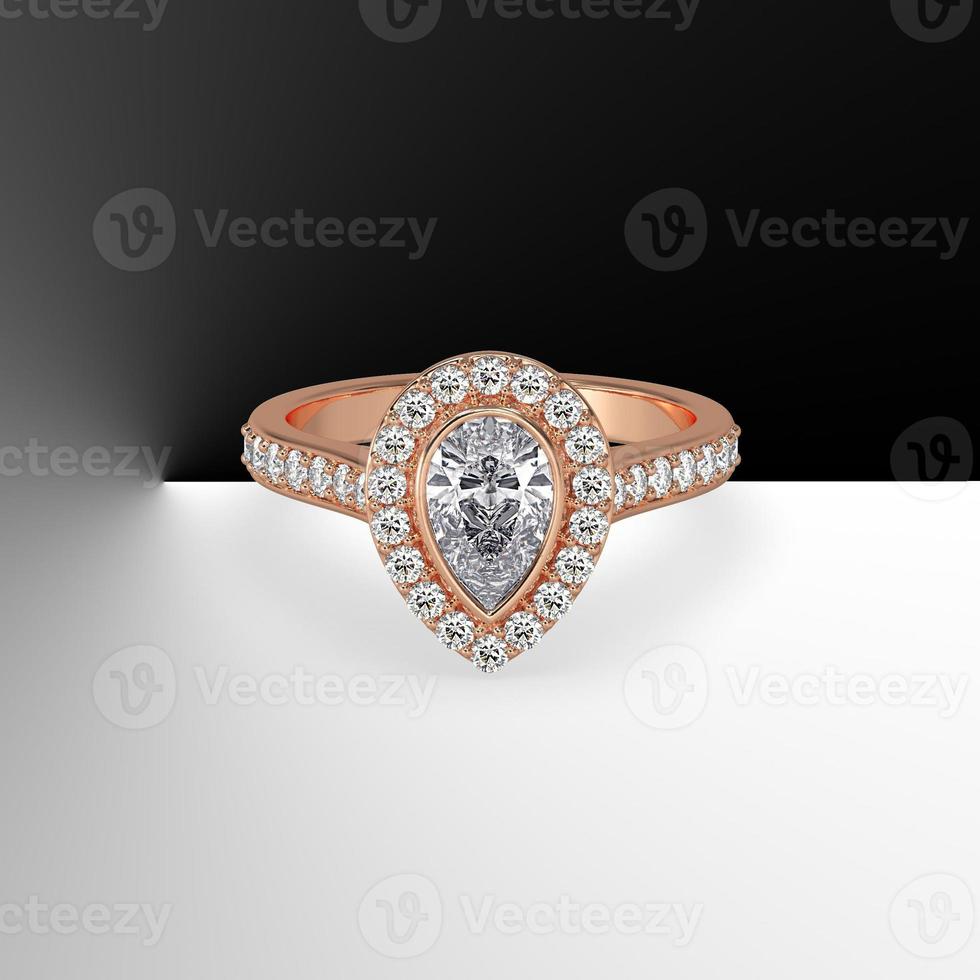 pear diamond bezel set cathedral style with side stones in rose gold 3d render photo