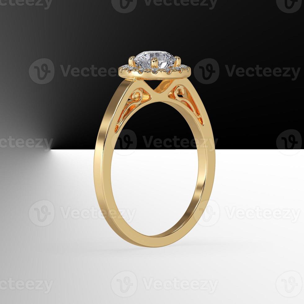 halo engagement ring with round center stone and plain shank filigree inside 3d render photo